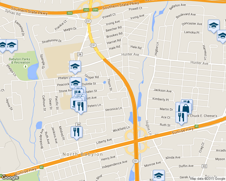 map of restaurants, bars, coffee shops, grocery stores, and more near 503 Thorn Street in North Babylon