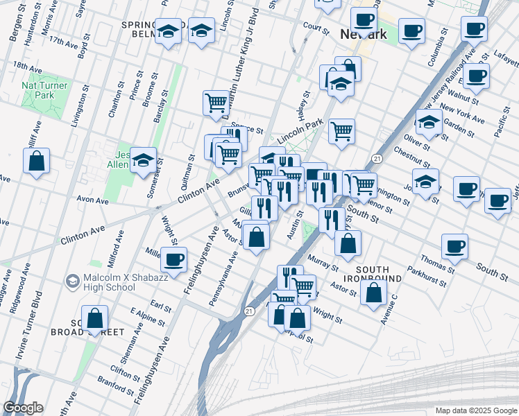 map of restaurants, bars, coffee shops, grocery stores, and more near 69 Pennsylvania Avenue in Newark