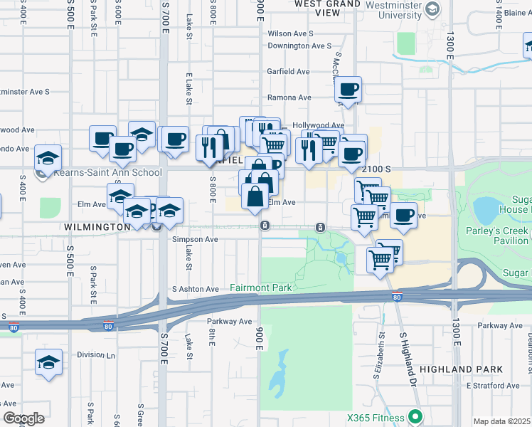 map of restaurants, bars, coffee shops, grocery stores, and more near 2185 South 900 East in Salt Lake City