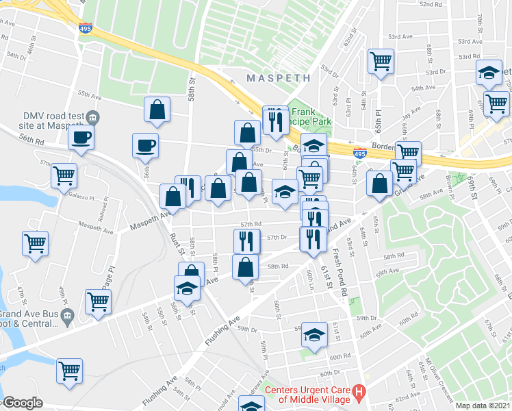 map of restaurants, bars, coffee shops, grocery stores, and more near 59-11 Maspeth Avenue in Queens