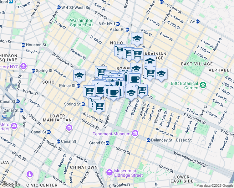 map of restaurants, bars, coffee shops, grocery stores, and more near 263 Bowery in New York