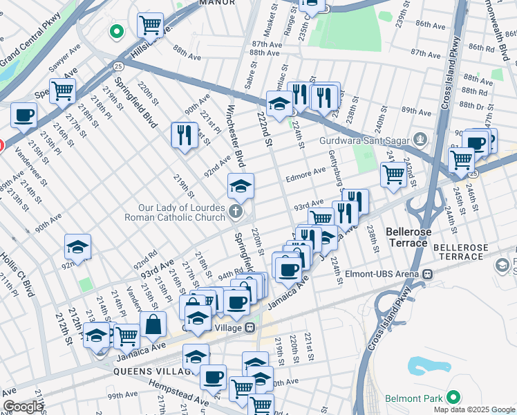map of restaurants, bars, coffee shops, grocery stores, and more near 221-06 Fairbury Avenue in Queens