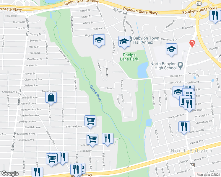 map of restaurants, bars, coffee shops, grocery stores, and more near 11 Ann Court in North Babylon