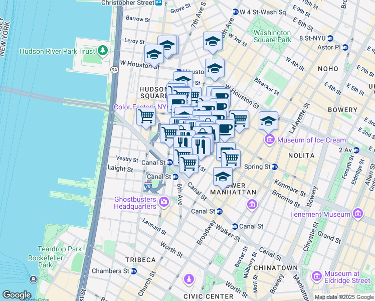 map of restaurants, bars, coffee shops, grocery stores, and more near 100 6th Avenue in New York
