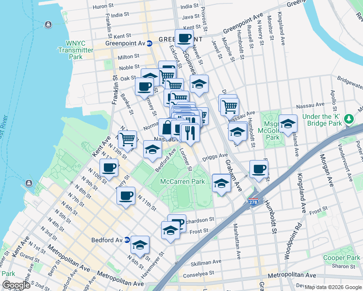 map of restaurants, bars, coffee shops, grocery stores, and more near 649 Manhattan Avenue in Brooklyn