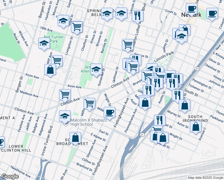 map of restaurants, bars, coffee shops, grocery stores, and more near 184 Clinton Avenue in Newark