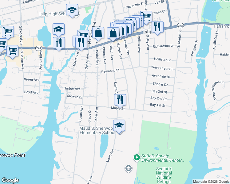 map of restaurants, bars, coffee shops, grocery stores, and more near 166 Smith Avenue in Islip