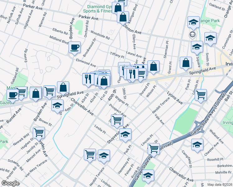 map of restaurants, bars, coffee shops, grocery stores, and more near 19 40th Street in Irvington