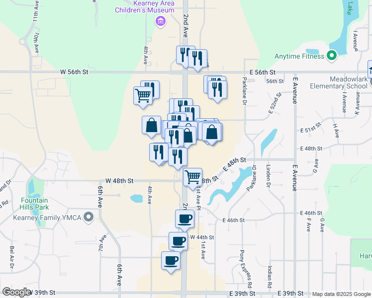 map of restaurants, bars, coffee shops, grocery stores, and more near 5055 2nd Avenue in Kearney