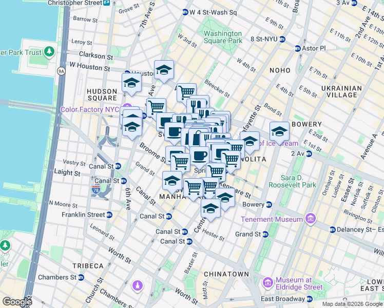 map of restaurants, bars, coffee shops, grocery stores, and more near 525 Broadway in New York