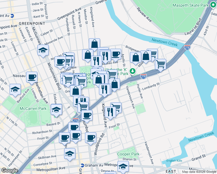 map of restaurants, bars, coffee shops, grocery stores, and more near 12 Sutton Street in Brooklyn