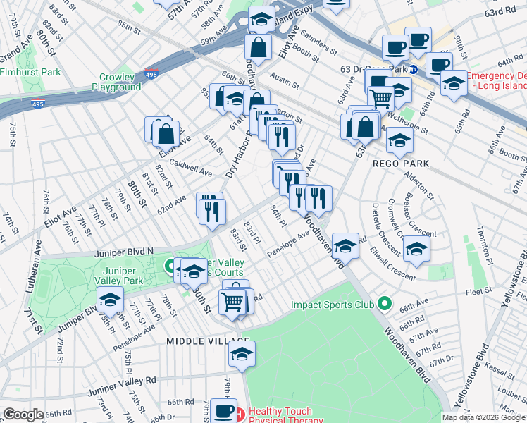 map of restaurants, bars, coffee shops, grocery stores, and more near 84-18 63rd Avenue in Queens