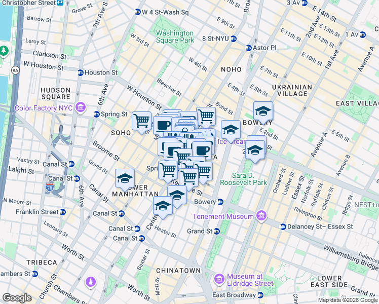 map of restaurants, bars, coffee shops, grocery stores, and more near 52 Prince Street in New York