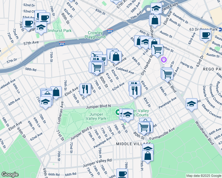 map of restaurants, bars, coffee shops, grocery stores, and more near 61-65 80th Street in Queens