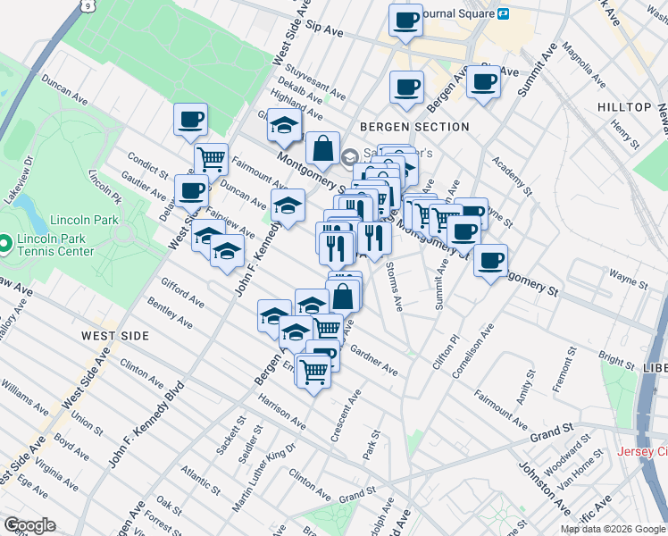 map of restaurants, bars, coffee shops, grocery stores, and more near 74 Fairview Avenue in Jersey City