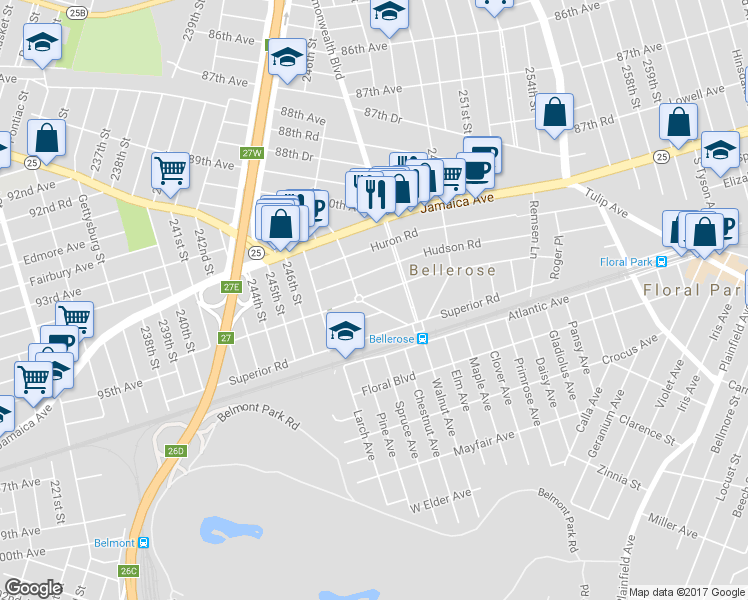 map of restaurants, bars, coffee shops, grocery stores, and more near 16 Massachusetts Boulevard in Floral Park