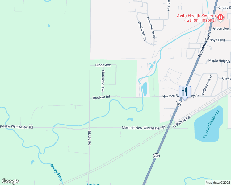 map of restaurants, bars, coffee shops, grocery stores, and more near 6288 Hosford Road in Galion