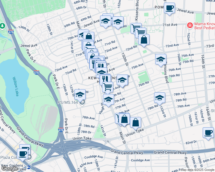 map of restaurants, bars, coffee shops, grocery stores, and more near 144-16 75th Road in Queens