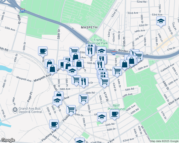 map of restaurants, bars, coffee shops, grocery stores, and more near 56-64 60th Street in Queens