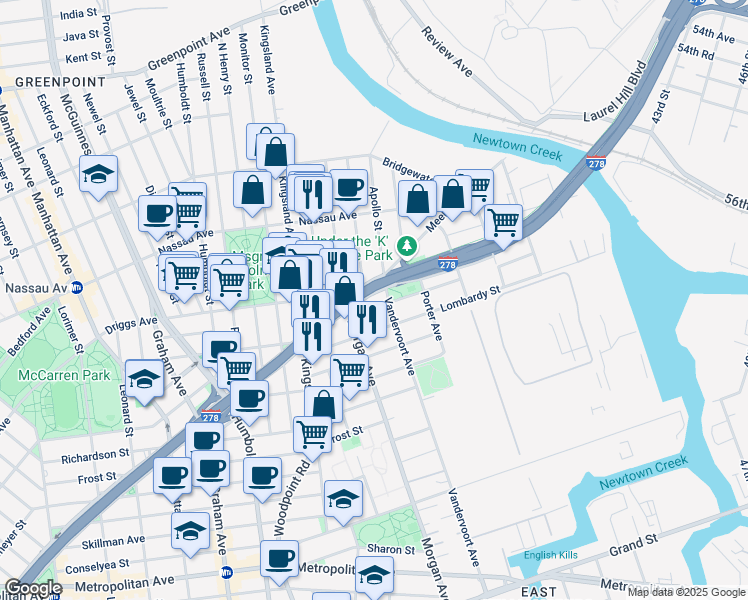 map of restaurants, bars, coffee shops, grocery stores, and more near 750 Meeker Avenue in Brooklyn
