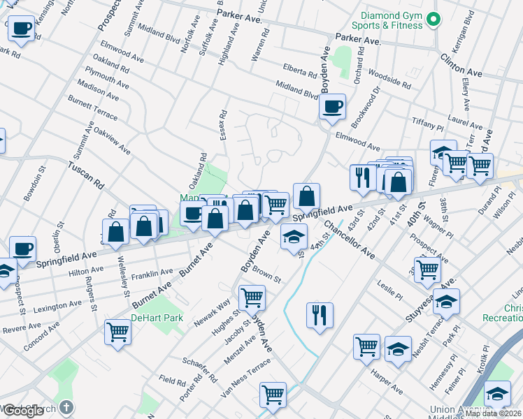 map of restaurants, bars, coffee shops, grocery stores, and more near 11 Boyden Parkway in Maplewood