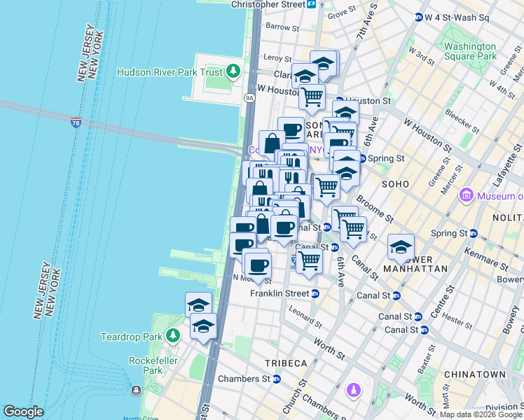 map of restaurants, bars, coffee shops, grocery stores, and more near in New York