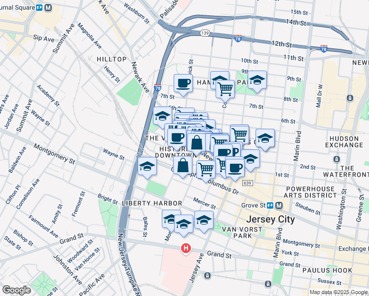 map of restaurants, bars, coffee shops, grocery stores, and more near 394 2nd Street in Jersey City