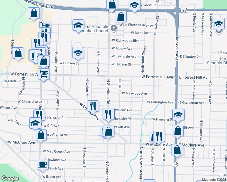 map of restaurants, bars, coffee shops, grocery stores, and more near 609 West Maywood Avenue in Peoria