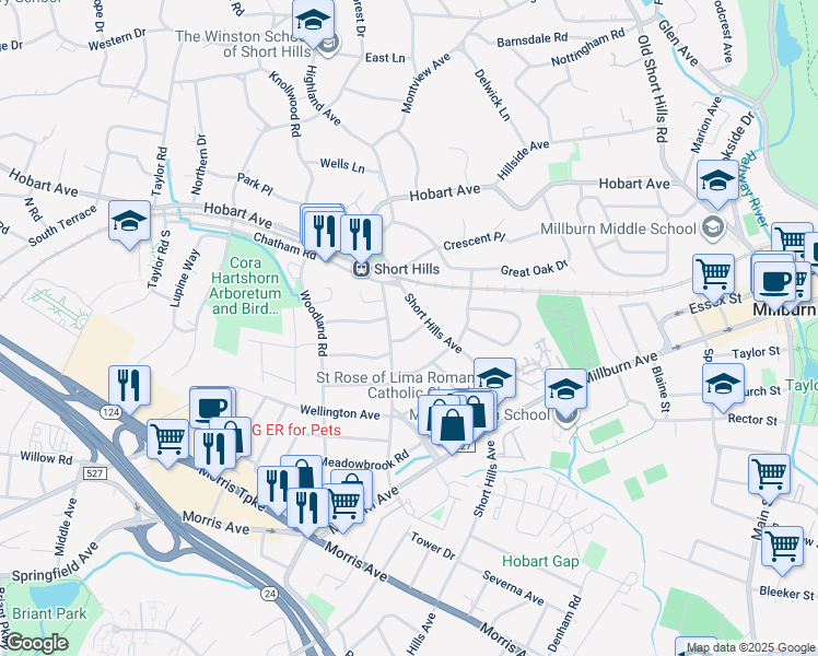 map of restaurants, bars, coffee shops, grocery stores, and more near 9 Overlook Terrace in Millburn