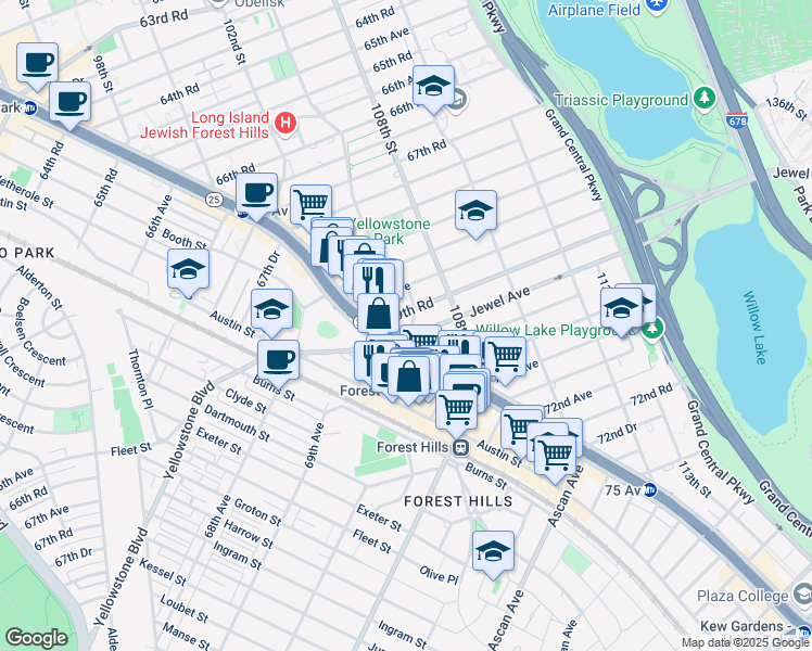 map of restaurants, bars, coffee shops, grocery stores, and more near 107-1 Jewel Avenue in Queens