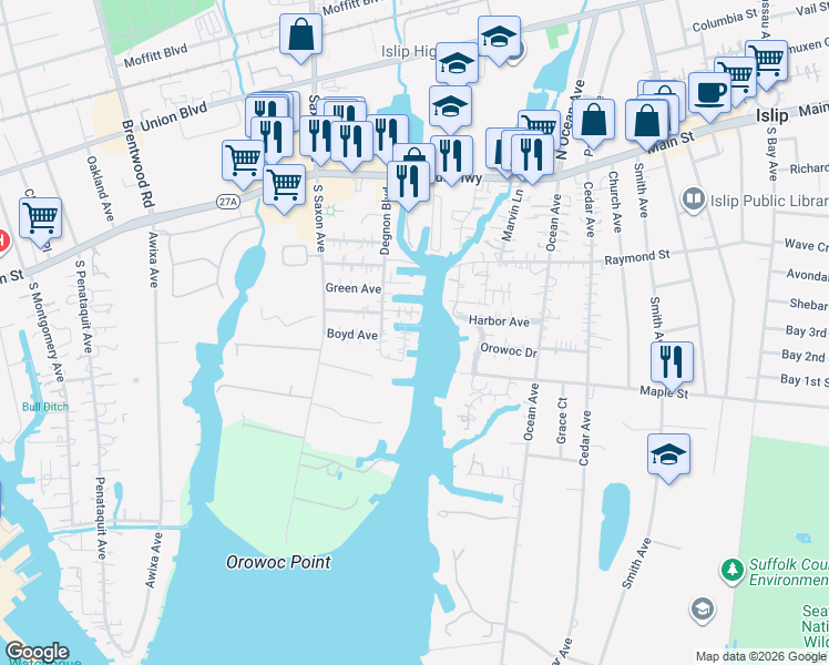 map of restaurants, bars, coffee shops, grocery stores, and more near 12 Inlet View in Bay Shore