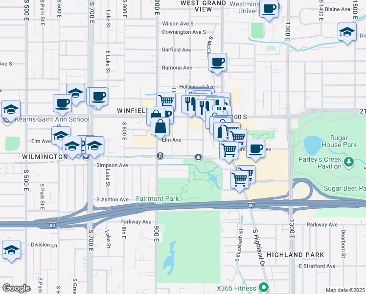 map of restaurants, bars, coffee shops, grocery stores, and more near 2187 South 1000 East in Salt Lake City