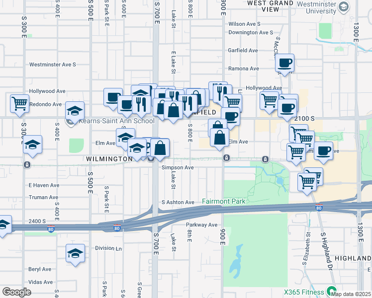 map of restaurants, bars, coffee shops, grocery stores, and more near 2182 800 East in Salt Lake City