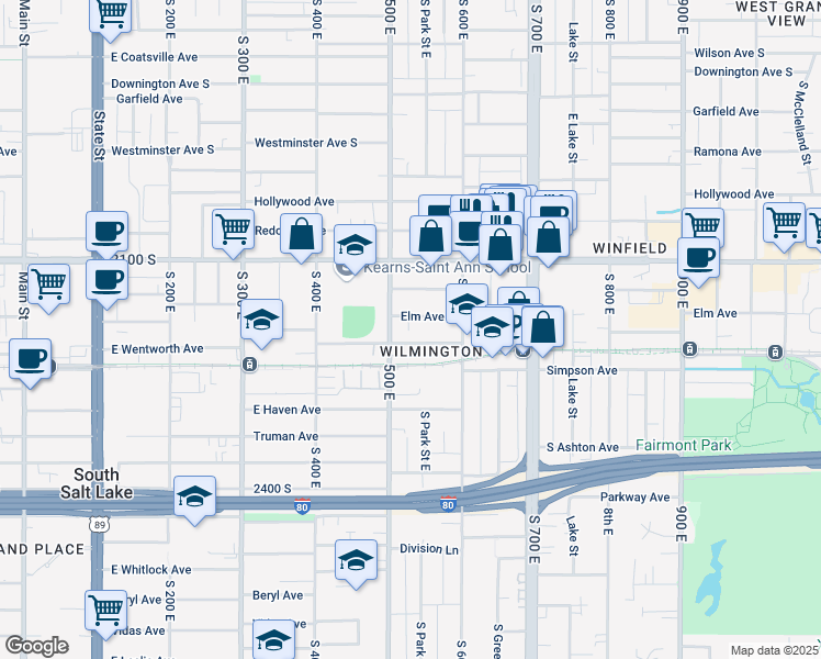 map of restaurants, bars, coffee shops, grocery stores, and more near 524 East Elm Avenue in Salt Lake City