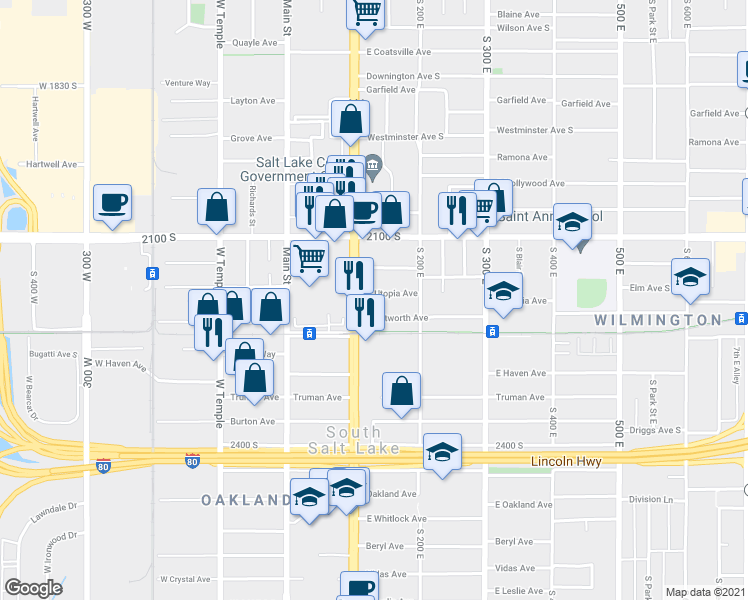 map of restaurants, bars, coffee shops, grocery stores, and more near 2185 State Street in South Salt Lake