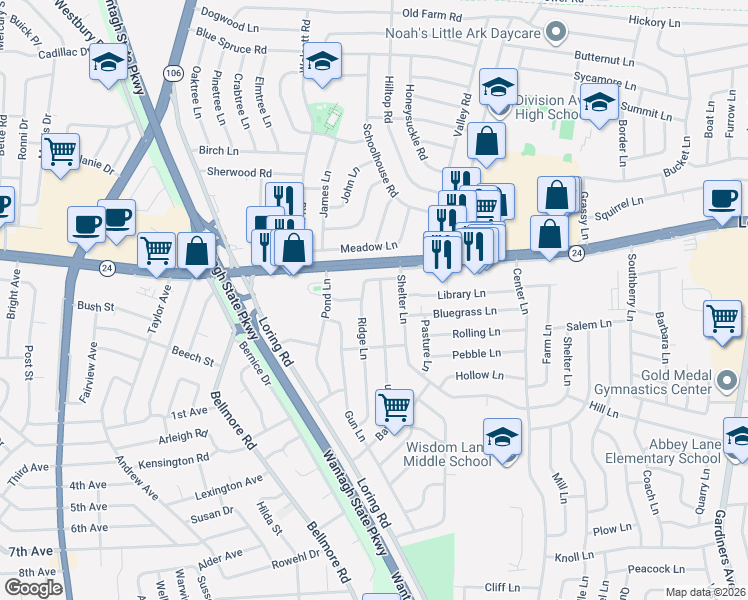 map of restaurants, bars, coffee shops, grocery stores, and more near 10 Barnyard Lane in Levittown