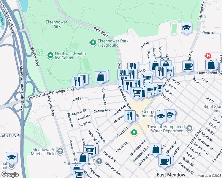 map of restaurants, bars, coffee shops, grocery stores, and more near 1861 Stone Avenue in East Meadow