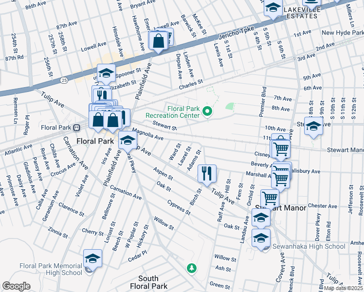 map of restaurants, bars, coffee shops, grocery stores, and more near 60 Laurel Street in Floral Park