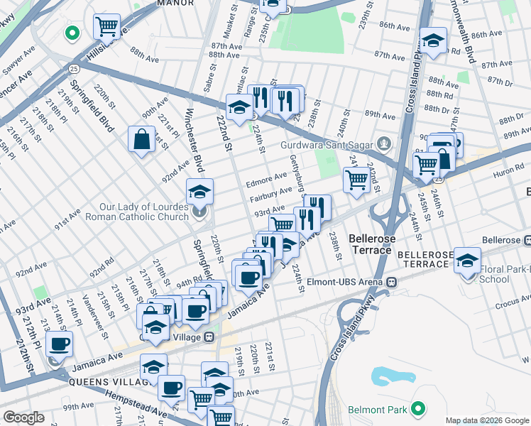 map of restaurants, bars, coffee shops, grocery stores, and more near 222-27 93rd Avenue in Queens