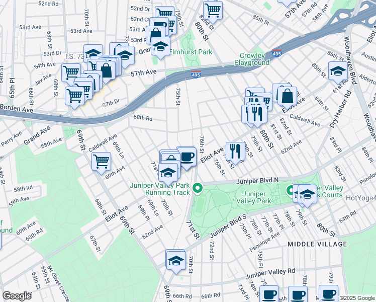 map of restaurants, bars, coffee shops, grocery stores, and more near 60-41 75th Street in Queens
