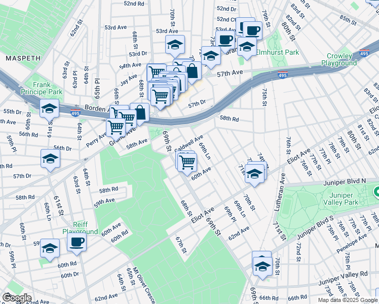 map of restaurants, bars, coffee shops, grocery stores, and more near 69-30 Caldwell Avenue in Queens