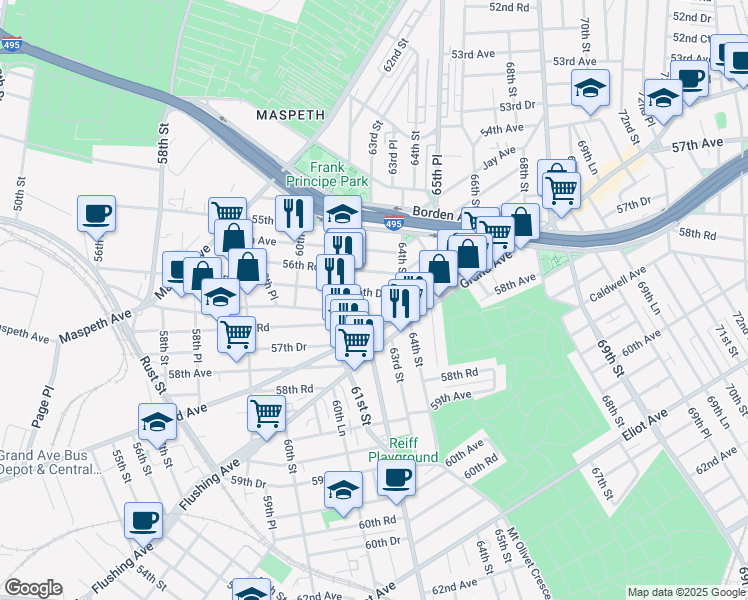 map of restaurants, bars, coffee shops, grocery stores, and more near 61-24 56th Drive in Queens