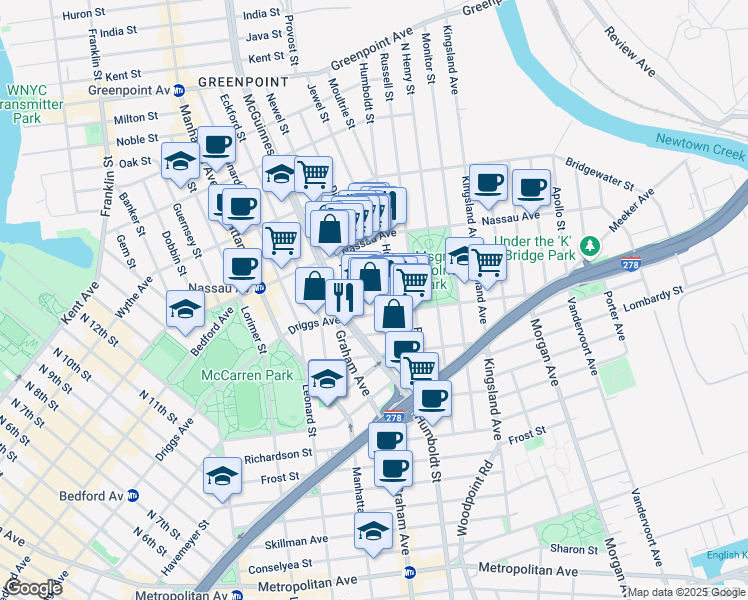 map of restaurants, bars, coffee shops, grocery stores, and more near 160 Driggs Avenue in Brooklyn