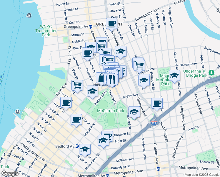 map of restaurants, bars, coffee shops, grocery stores, and more near 649 Manhattan Avenue in Brooklyn