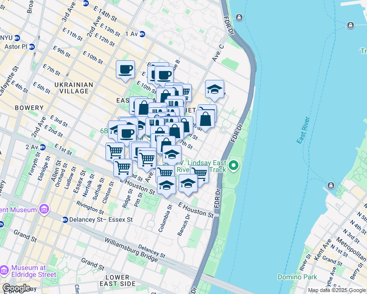 map of restaurants, bars, coffee shops, grocery stores, and more near 19 Loisaida Avenue in New York