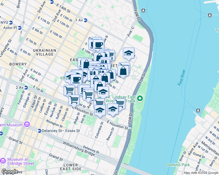 map of restaurants, bars, coffee shops, grocery stores, and more near 19 Loisaida Avenue in New York