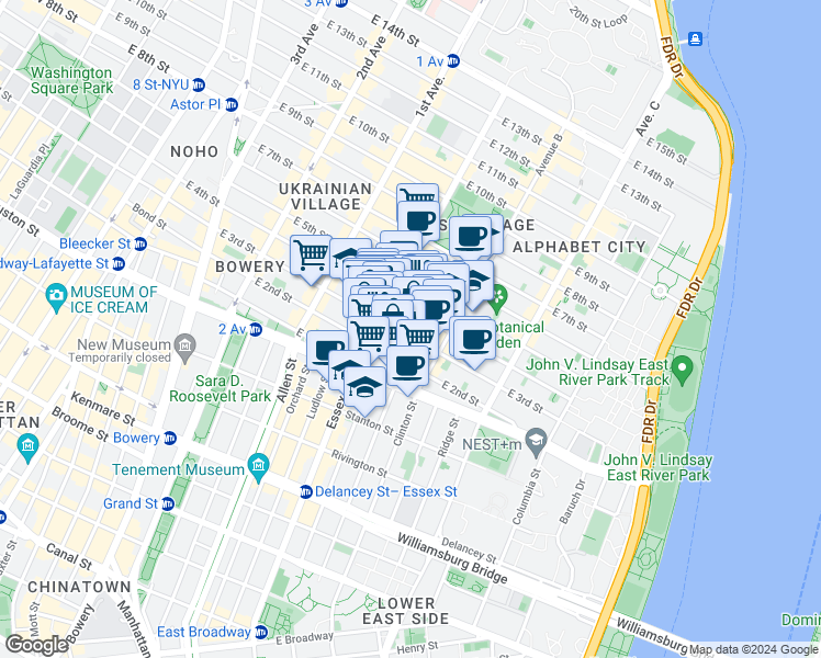 map of restaurants, bars, coffee shops, grocery stores, and more near 173 East 3rd Street in New York