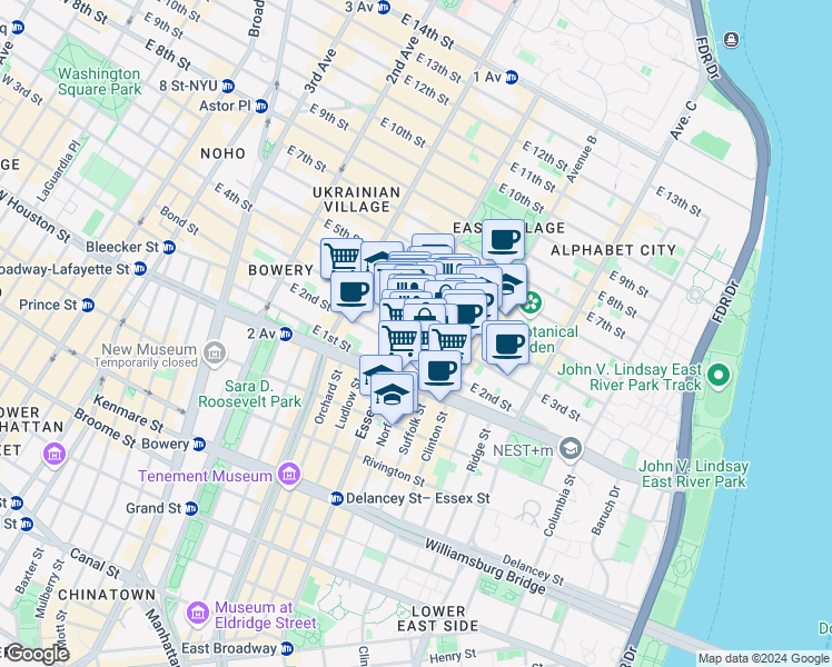 map of restaurants, bars, coffee shops, grocery stores, and more near 173 East 3rd Street in New York