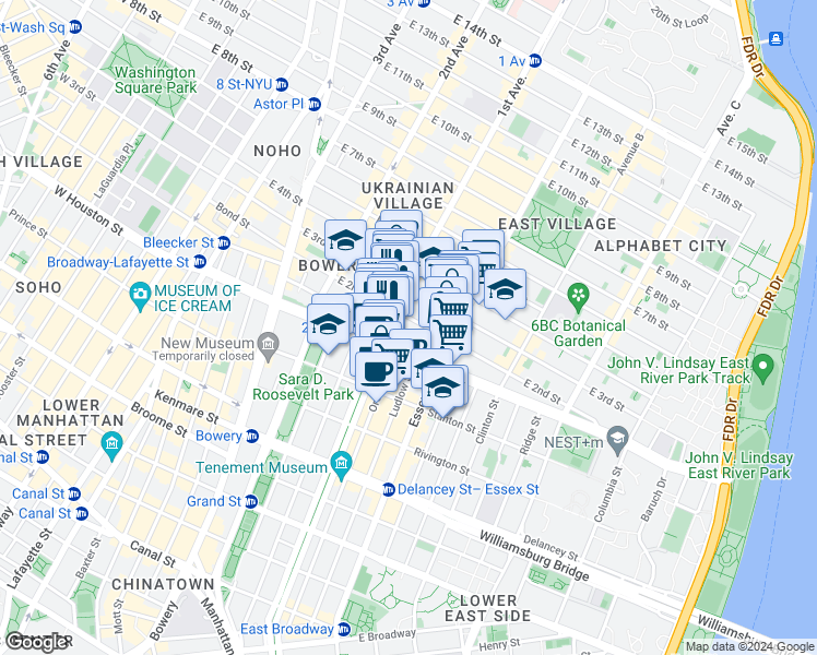 map of restaurants, bars, coffee shops, grocery stores, and more near 105 East 2nd Street in New York