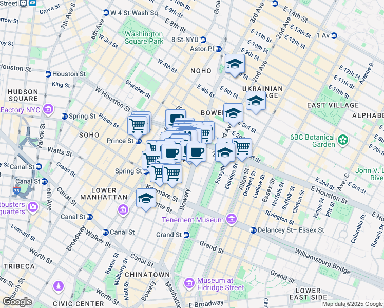 map of restaurants, bars, coffee shops, grocery stores, and more near 259 Elizabeth Street in New York